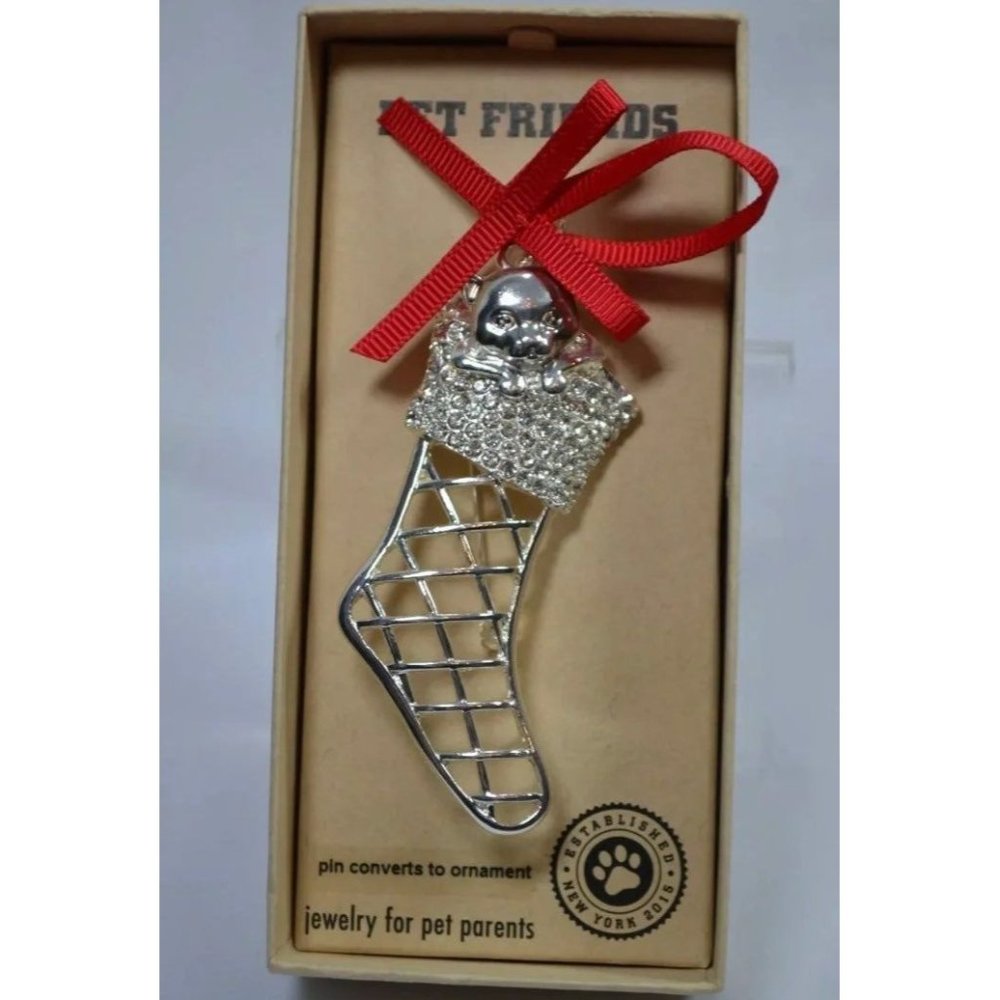 Silver Rhinestone Brooch Christmas Kitty Cat Stocking Pin Pet Friends